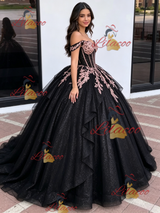 Black Tulle Off the Shoulder Appliques Quinceanera Dress