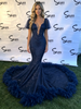 Navy Blue Mermaid Appliques Prom Dress