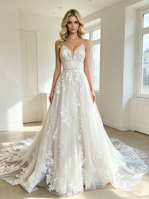 White Tulle Lace Appliques Wedding Dress