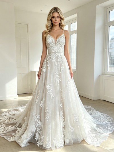 White Tulle Lace Appliques Wedding Dress