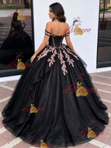 Black Tulle Off the Shoulder Appliques Quinceanera Dress
