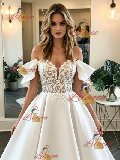 White Satin Lace Off the Shoulder Wedding Dress