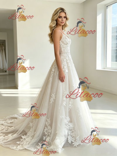 White Tulle Lace Appliques Wedding Dress
