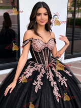Black Tulle Off the Shoulder Appliques Quinceanera Dress