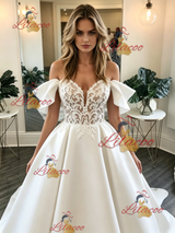 White Satin Lace Off the Shoulder Wedding Dress