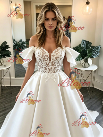White Satin Lace Off the Shoulder Wedding Dress