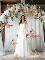 White Long Sleeve Off the Shoulder Wedding Dress