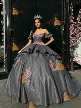 Gray Tulle Off the Shoulder Appliques Quinceanera Dress