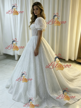 White Sequins Puff Sleeve Wedding Dress