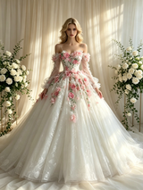 White Tulle Straps Appliques Wedding Dress