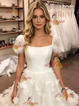White Tulle Puff Sleeve Flower Wedding Dress