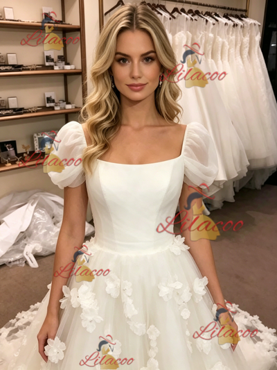 White Tulle Puff Sleeve Flower Wedding Dress