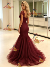 Burgundy Mermaid Tulle Cap Sleeve Prom Dress
