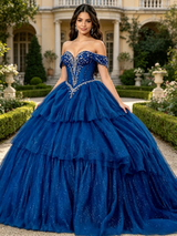 Blue Tulle Off the Shoulder Beading Quinceanera Dress