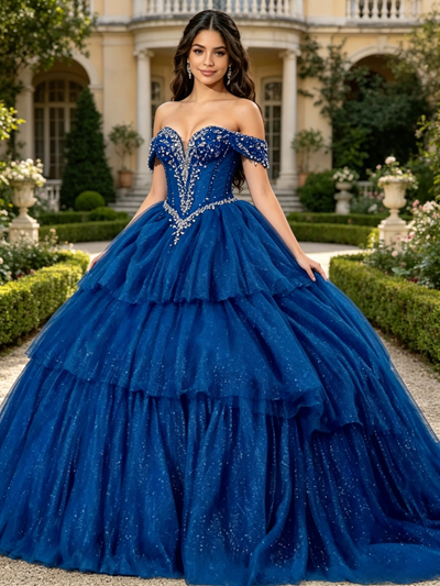 Blue Tulle Off the Shoulder Beading Quinceanera Dress