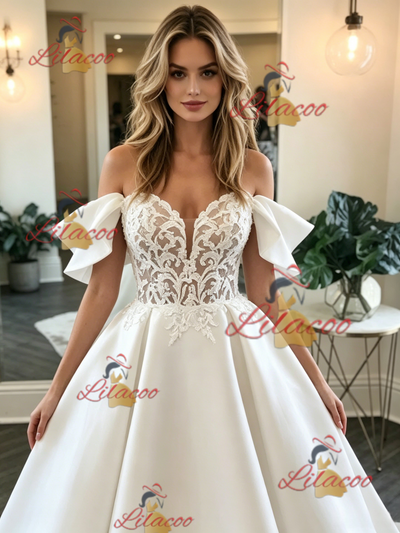 White Satin Lace Off the Shoulder Wedding Dress