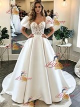 White Satin Puff Sleeve Lace Wedding Dress