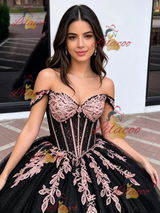 Black Tulle Off the Shoulder Appliques Quinceanera Dress