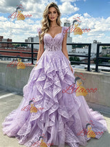 Purple Lace Tulle Straps Prom Dress
