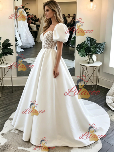 White Satin Puff Sleeve Lace Wedding Dress