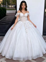 White Tulle Off the Shoulder Appliques Quinceanera Dress