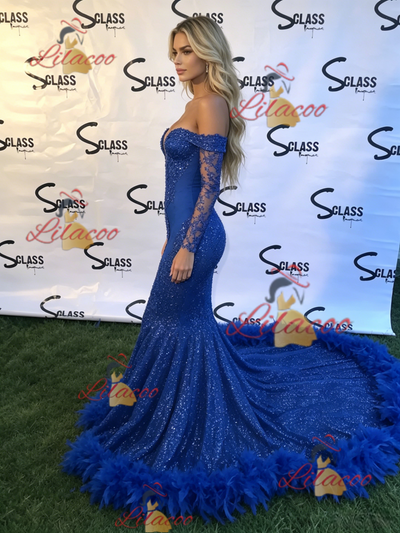 Blue Mermaid Long Sleeve Appliques Prom Dress