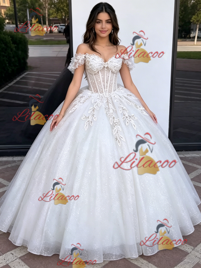 White Tulle Off the Shoulder Appliques Quinceanera Dress