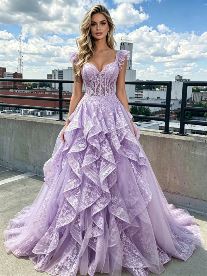 Purple Lace Tulle Straps Prom Dress