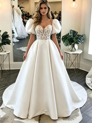 White Satin Puff Sleeve Lace Wedding Dress