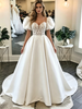 White Satin Puff Sleeve Lace Wedding Dress