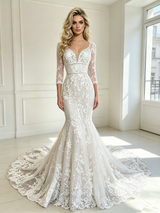 White Mermaid Tulle Lace Appliques Long Sleeve Wedding Dress