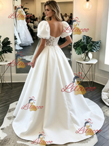 White Satin Puff Sleeve Lace Wedding Dress