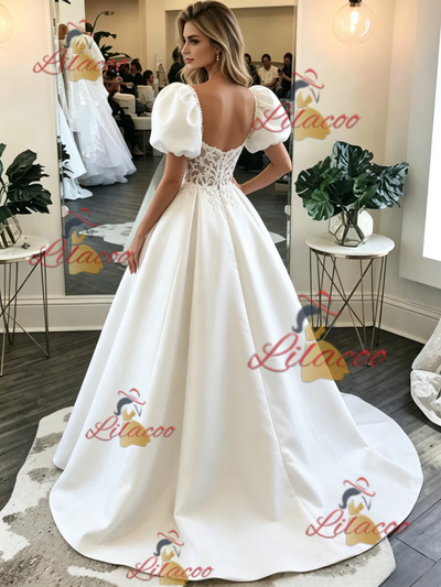 White Satin Puff Sleeve Lace Wedding Dress