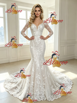 White Mermaid Tulle Lace Appliques Long Sleeve Wedding Dress