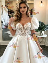 White Satin Puff Sleeve Lace Wedding Dress