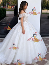 White Tulle Off the Shoulder Appliques Quinceanera Dress