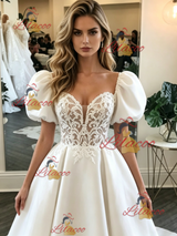White Satin Puff Sleeve Lace Wedding Dress