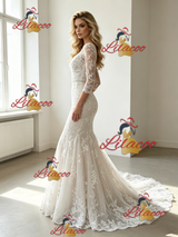 White Mermaid Tulle Lace Appliques Long Sleeve Wedding Dress