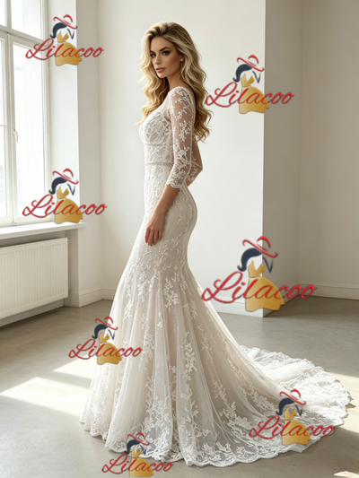 White Mermaid Tulle Lace Appliques Long Sleeve Wedding Dress