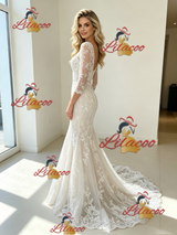White Mermaid Tulle Lace Appliques Long Sleeve Wedding Dress