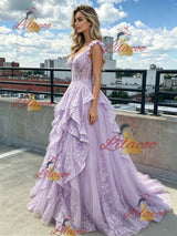 Purple Lace Tulle Straps Prom Dress