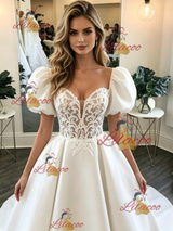White Satin Puff Sleeve Lace Wedding Dress
