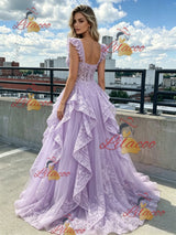 Purple Lace Tulle Straps Prom Dress