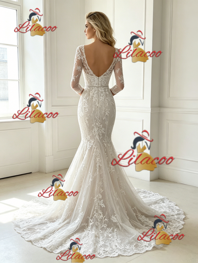 White Mermaid Tulle Lace Appliques Long Sleeve Wedding Dress
