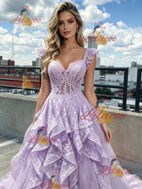 Purple Lace Tulle Straps Prom Dress