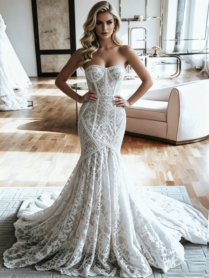 White Mermaid Lace Strapless Weeding Dress
