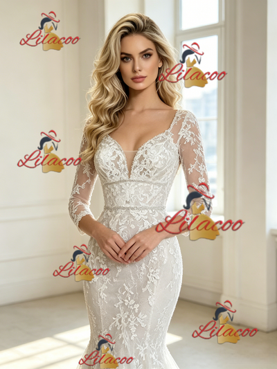White Mermaid Tulle Lace Appliques Long Sleeve Wedding Dress