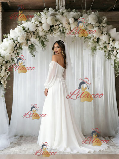 White Long Sleeve Off the Shoulder Wedding Dress