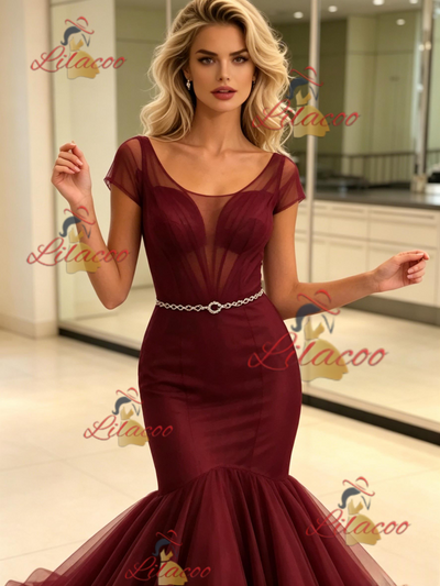 Burgundy Mermaid Tulle Cap Sleeve Prom Dress