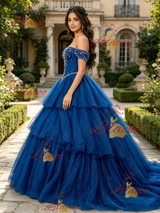 Blue Tulle Off the Shoulder Beading Quinceanera Dress